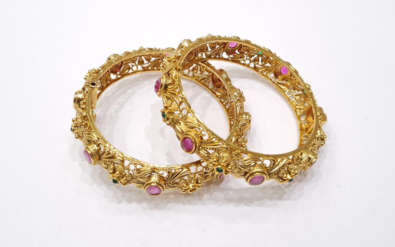 Antique Gold Plated Bangles Ruby Green - KRISHNA'S SWETA JEWELLERY