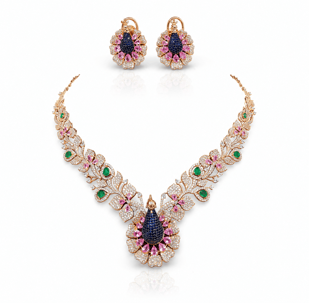 Cz Peacock Necklace 10377 - KRISHNA'S SWETA JEWELLERY