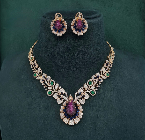 Cz Peacock Necklace 10377 - KRISHNA'S SWETA JEWELLERY