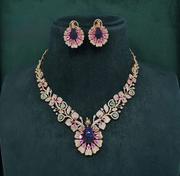 Cz Peacock Necklace 10377 - KRISHNA'S SWETA JEWELLERY