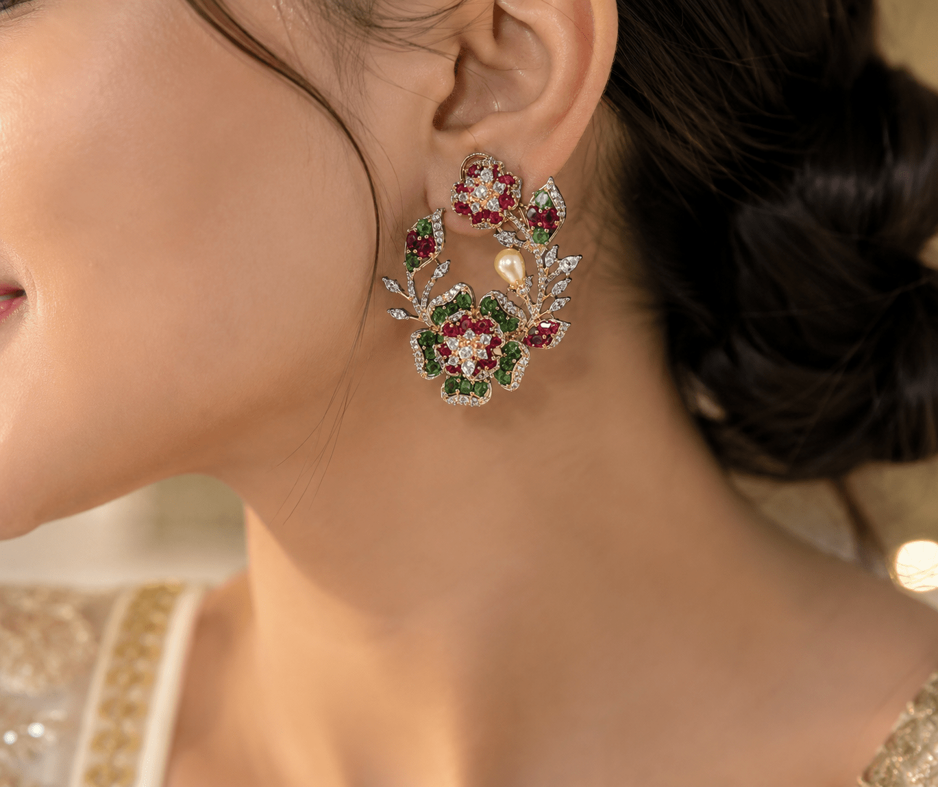 Petal & Pearl Cz Earrings 09078 - KRISHNA'S SWETA JEWELLERY