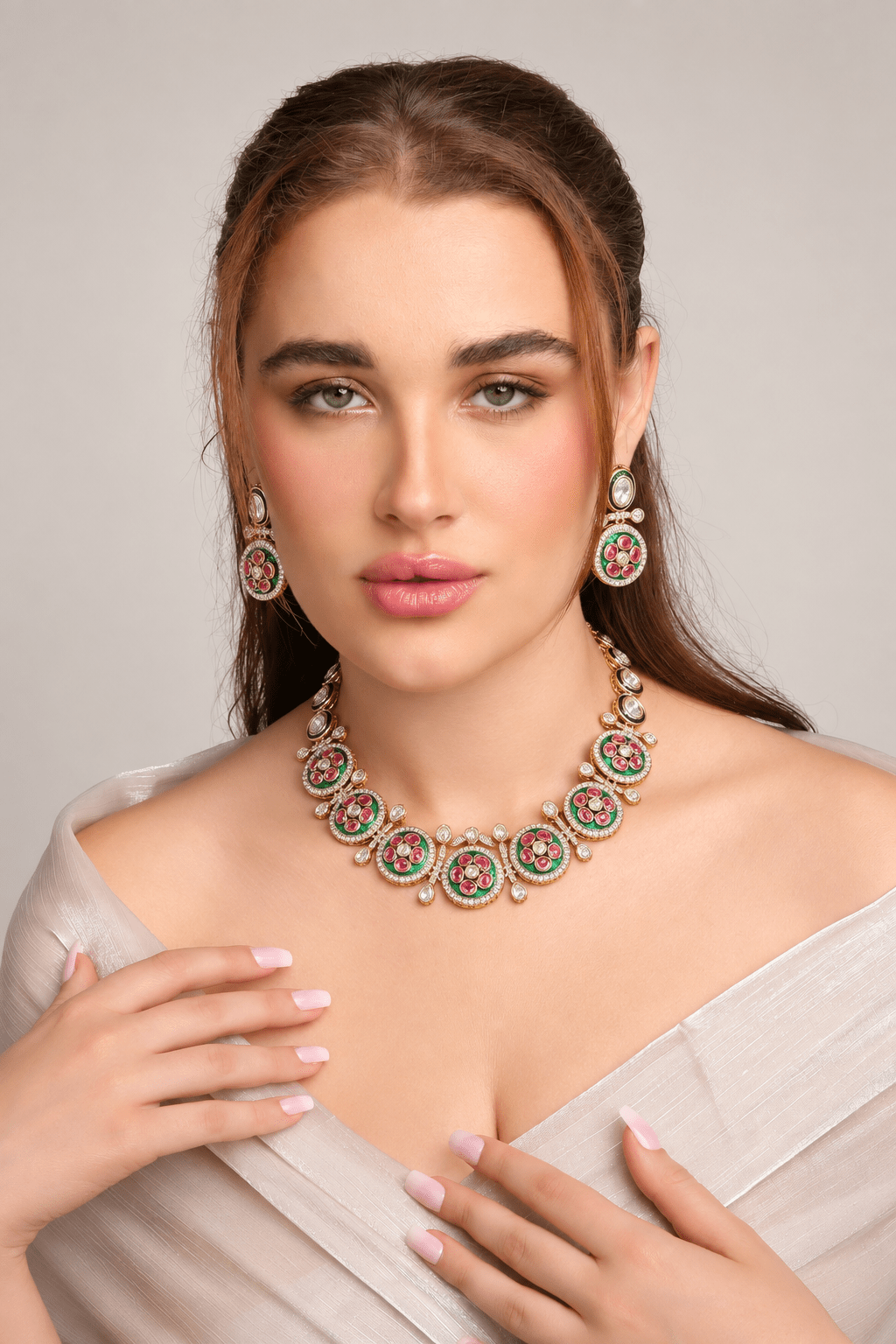 Ruby Green Kundan Necklace Set (11185) - Krishna's Sweta Jewellery