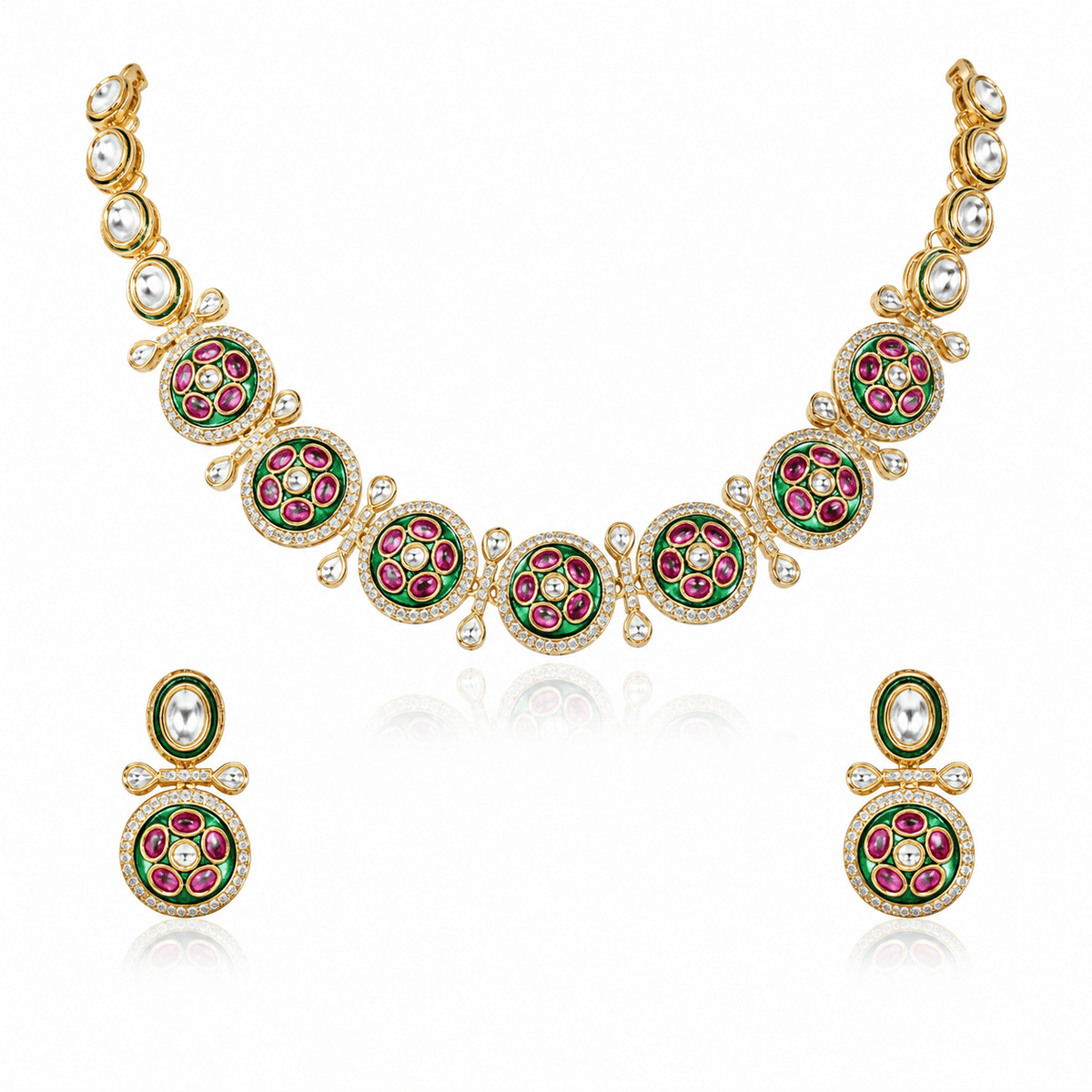 Ruby Green Kundan Necklace Set with Earrings (11185) - Krishna's Sweta Jewellery