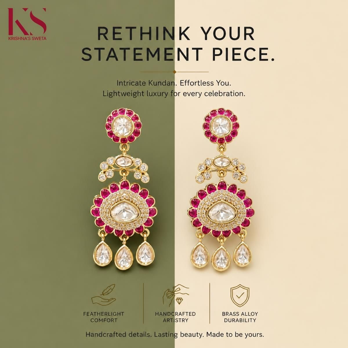 Uncut Kundan Stone Earrings - Timeless Elegance & Glamour. Handcrafted Tradition (KS_07609) - Krishna's Sweta JewelleryKundan Earring