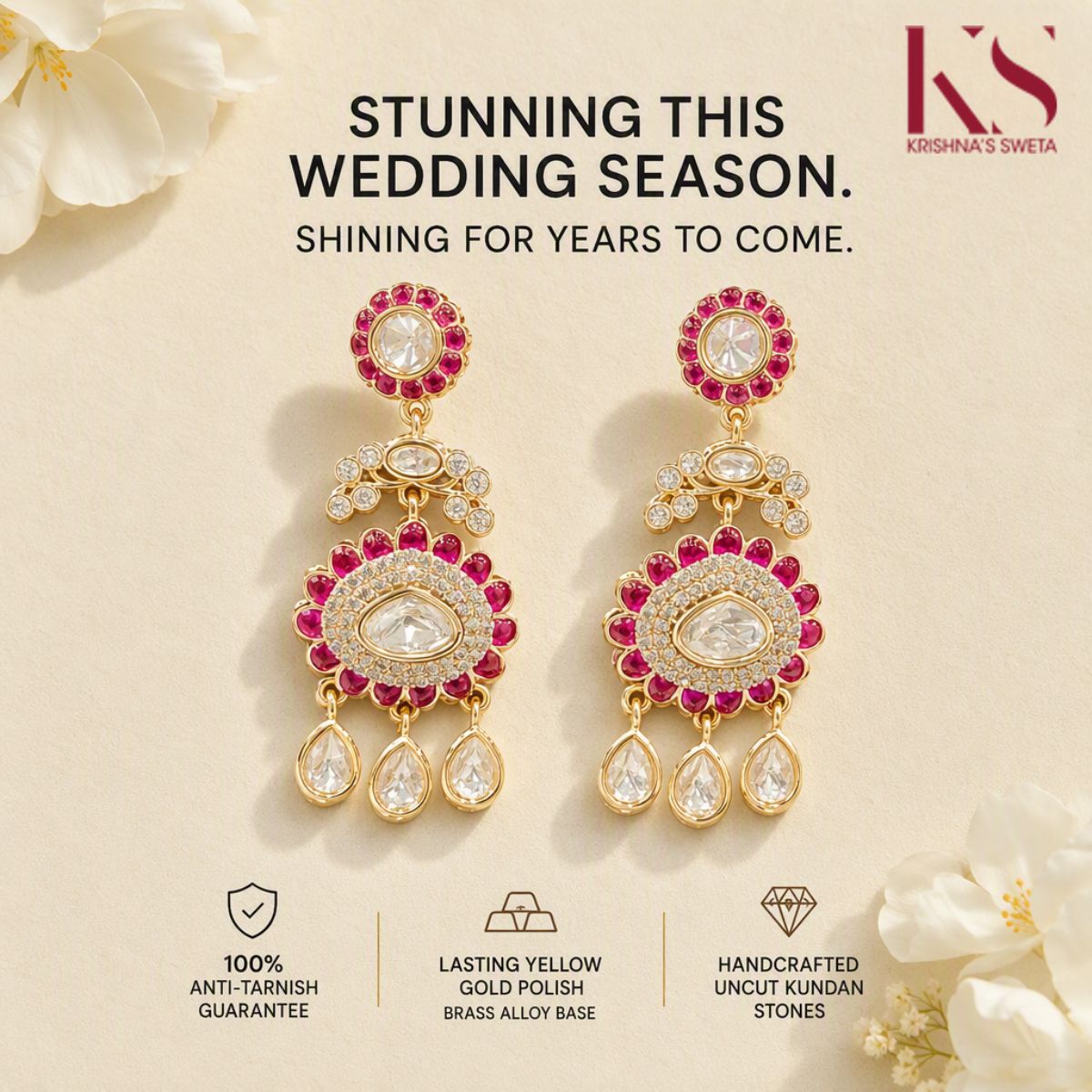 Uncut Kundan Stone Earrings - Timeless Elegance & Glamour. Handcrafted Tradition (KS_07609) - Krishna's Sweta JewelleryKundan Earring