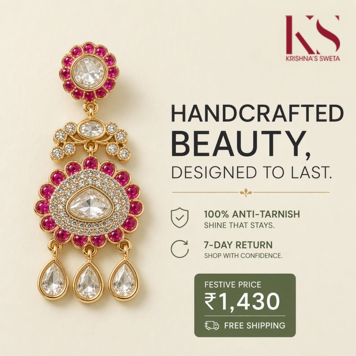 Uncut Kundan Stone Earrings - Timeless Elegance & Glamour. Handcrafted Tradition (KS_07609) - Krishna's Sweta JewelleryKundan Earring