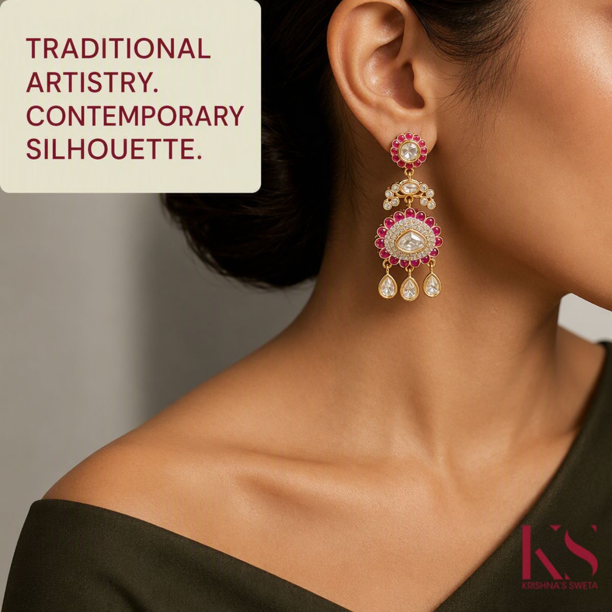Uncut Kundan Stone Earrings - Timeless Elegance & Glamour. Handcrafted Tradition (KS_07609) - Krishna's Sweta JewelleryKundan Earring